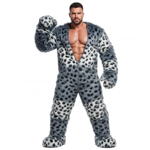 Masculine Man in Charcoal Grey Faux Fur Suit