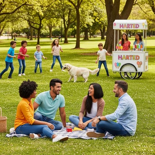Joyful Scene in Diverse Park: Laughter and Ice Cream Galore