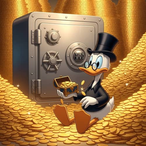 Cartoon Duck Character Amidst Gold Coins and Safe