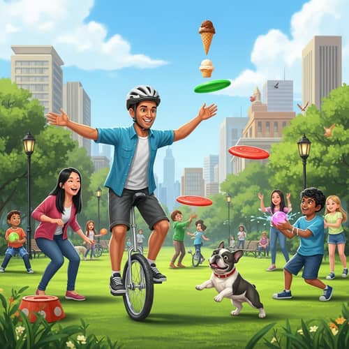 Fun-Filled Day in the City Park: Unicycle, Frisbees, and Water Balloon Fight