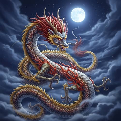 Asian Style Dragon Art | Vibrant Colors | Moonlit Sky