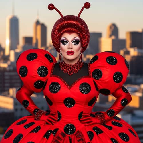 Drag-Inspired Ladybug Character with Dramatic Red and Black Dress
