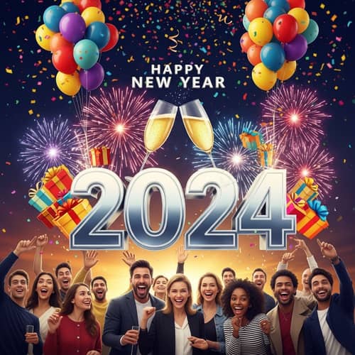 Festive New Year 2024 Celebration Scene | Fireworks, Champagne, Balloons