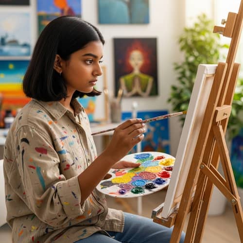 Creative South Asian Girl Painting on Canvas with Vibrant Colors