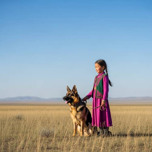 Kazakh Girl and German Shepherd in Open Steppe | Serene Interaction
