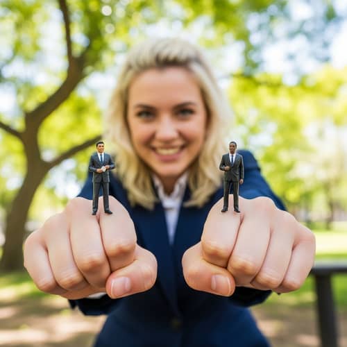 Whimsical Caucasian High School Student with Miniature Diverse Businessmen in Playful Park Scene