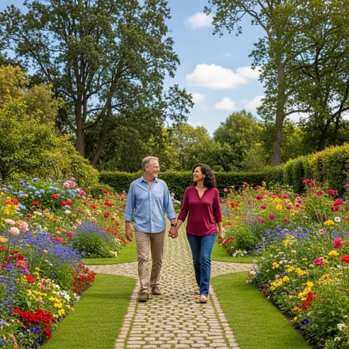 Bob and His Wife Enjoying a Romantic Stroll in a Blooming Garden