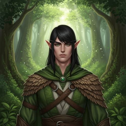 Elf Man with Black Hair and Green Eyes in Enchanted Forest