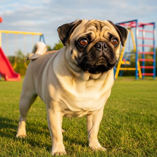Adorable Pug with Big Sparkling Eyes on Grassy Playground