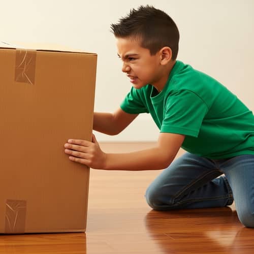 Hispanic Boy Exerting Strength to Move Cardboard Box | Action Image