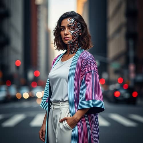 Confident Middle-Eastern Woman: Futuristic Cyborg in Urban Setting