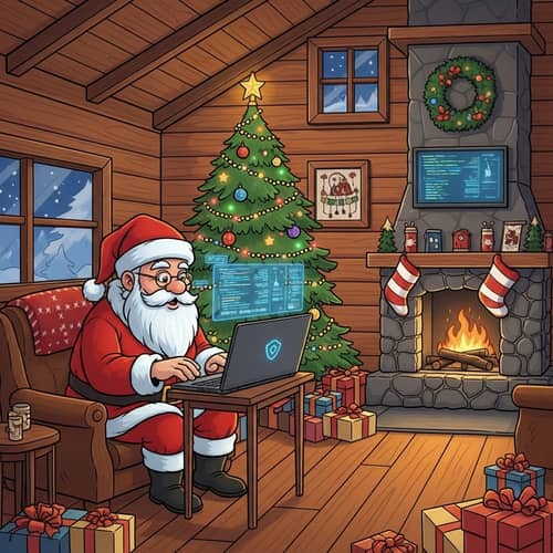 Festive Santa Claus Cybersecurity Scene in Nordic Cabin