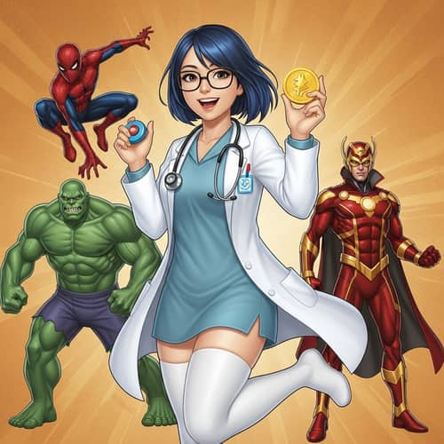 Japanese Female Doctor with Blue Hair, Cryptocurrency, and Superheroes
