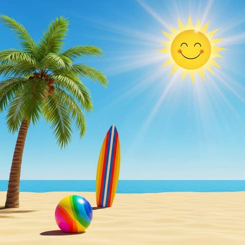 Summer Beach Scene: Ball, Surfboard, Coconut Tree & Sun