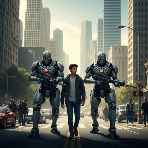 Urban Adventure with Mechanical Beings: Middle-Eastern Youth Guided Through Cityscape