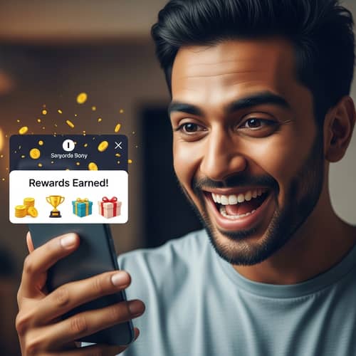 Excited Indian Man Earns Rewards with Mobile Phone