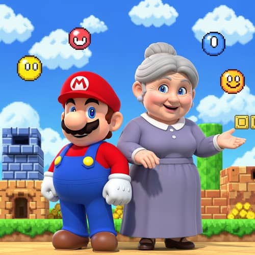 Retro Video Game Plumber and Motherly Figure in Pixelated World