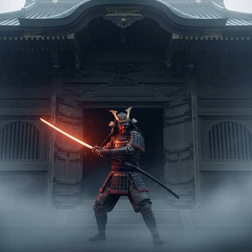Sinister Samurai at Ancient Japanese Temple - Unsheathing Sword in Fog
