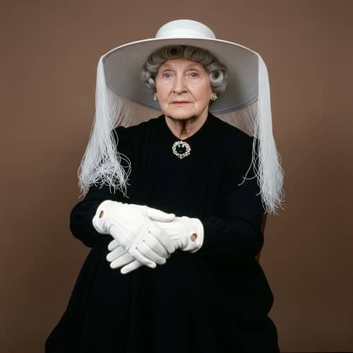 Elderly Woman in Black Dress with White Hat | 1980s Color Photo