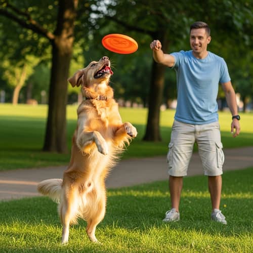 Interactive Golden Retriever Catching a Frisbee with Excitement
