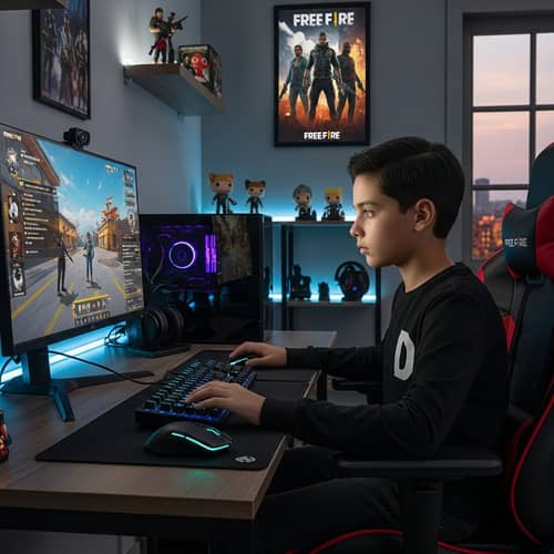 Black-Haired Boy Gamer with 'D' Logo Playing Free Fire in Gaming Office