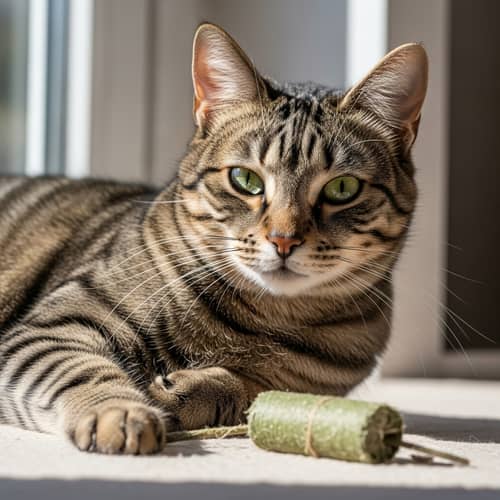 Cozy Cat Lounging in Sunny Environment | Tabby with Green Eyes