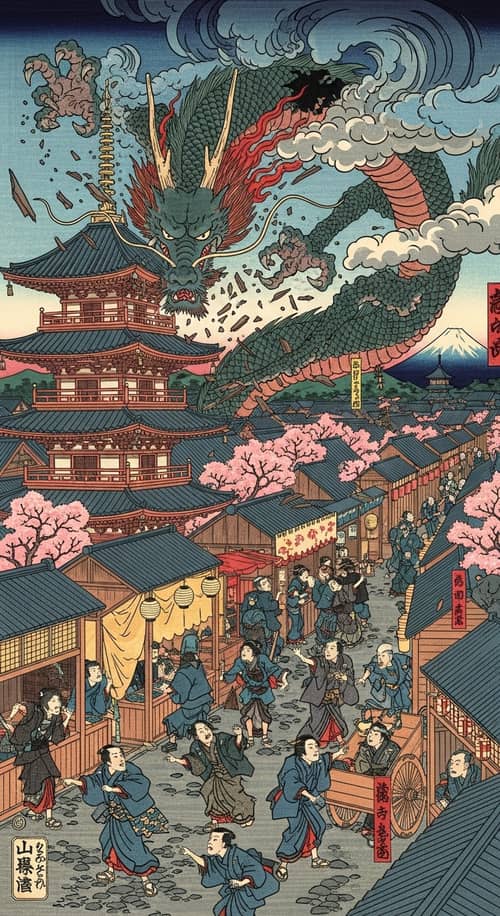 Godzilla Destroying City of Tokyo | Ukiyo-E Illustration