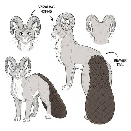 Unique Cat with Spiraling Horns and Beaver-like Tail
