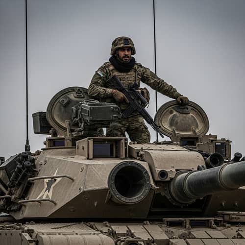 Intense Middle-Eastern Soldier on Tank | Courage & Resolution