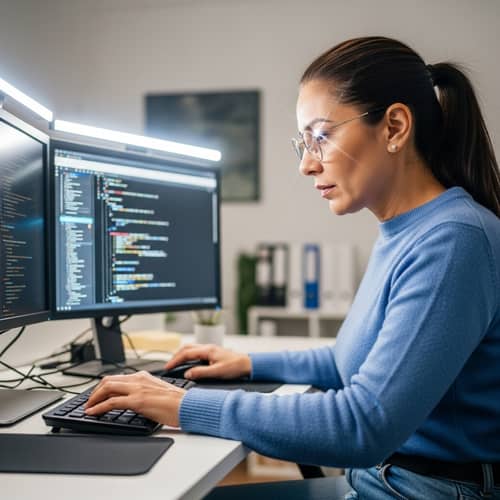Professional IT Engineer Coding on Dual Monitors