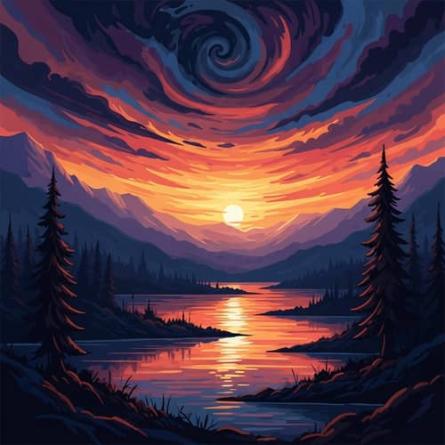 Dreamy Abstract Landscapes: Otherworldly Sunset in Swirling Colors