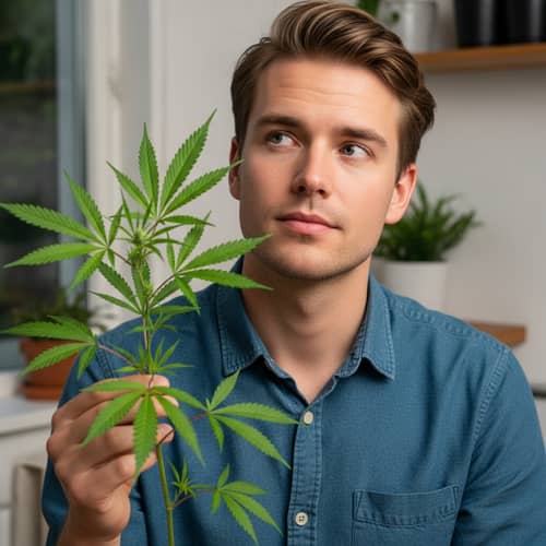 Young Caucasian Man Holding Plant with Serrated Leaves