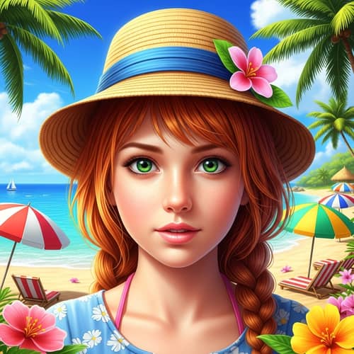 Vibrant Beach Portrait of Red-Haired Girl with Green Eyes