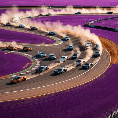High-Speed Car Races on Unique Purple Grass Track