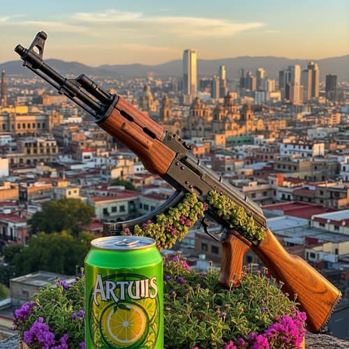 Vibrant Mountain Dew Can and Botanical AK-47 in Mexico City Vibrant Mountain Dew Can and Botanical AK-47 in Mexico City