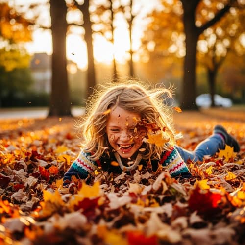 Laughing Girl Falling into Pile of Leaves