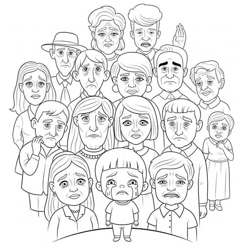 Whimsical Cartoon Illustration of Mortality Concept surrounding a Sad Child