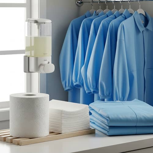 Hygiene Items: Toilet Paper, Hand Drying Paper, Liquid Soap & Disposable Coveralls