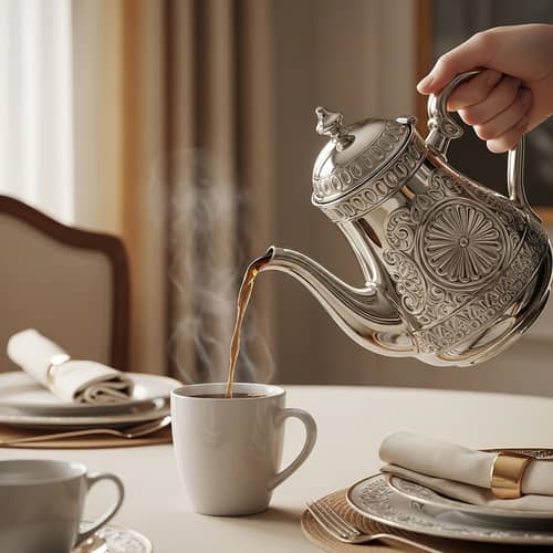 Elegant Victorian Coffee Pot Pouring Steaming Coffee into Ceramic Mug