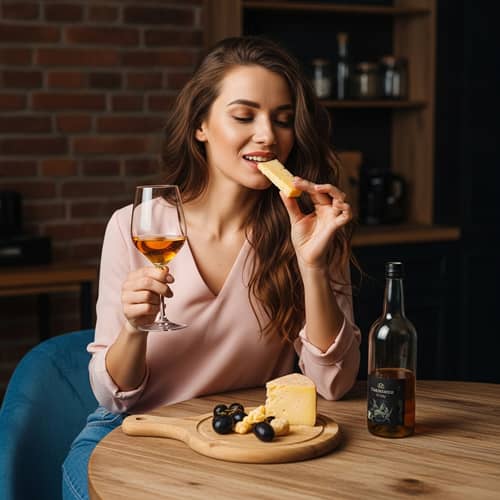 Savoring Cheese: Young Woman Enjoying Wine and Cheese at Wooden Table