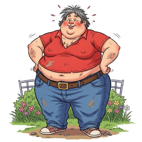 Jubilant Overweight Figure in Red Shirt and Blue Jeans | Garden Scene