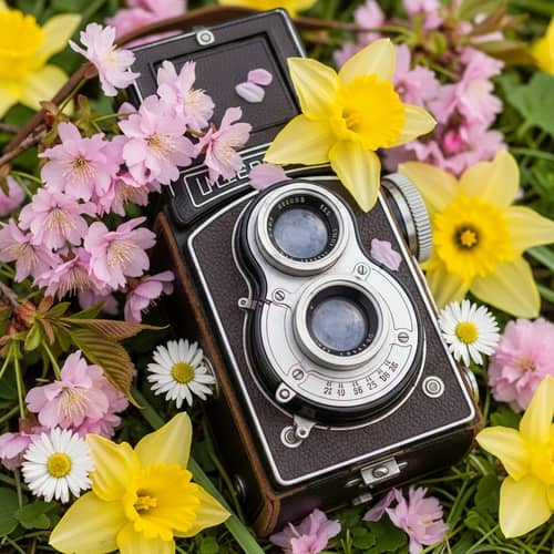 Vintage Camera in Spring Style with Flowers