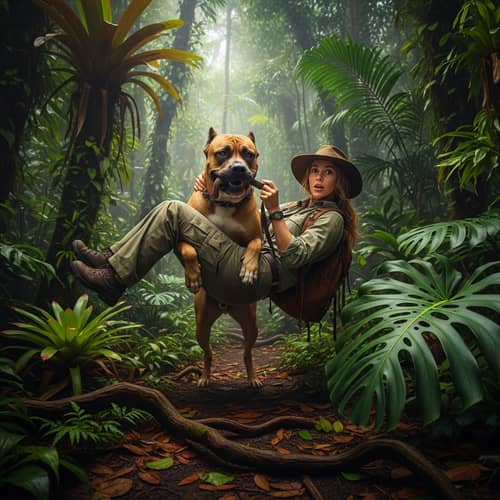 Muscular Dog Carrying Explorer Woman through Vibrant Tropical Forest