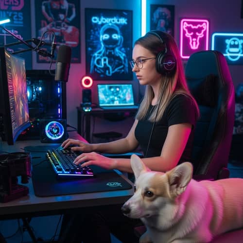 Cyberpunk Style Gamer Girl with White Corgi Dog