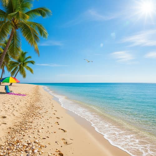 Tranquil Beach Scene with Crystal Clear Waves and Palm Trees