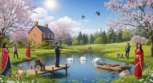 Charming Brick House in Spring Scenery with Swans and Fishers