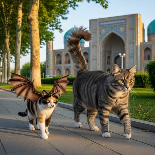 Tricolor Cat with Dragon Wings in Tashkent | Fluffy Tail Grey Cat