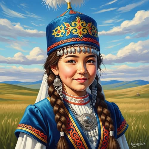 Vibrant Acrylic Painting of Young Kazakh Girl in Traditional Attire