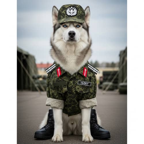 Striking Siberian Husky in Military Uniform
