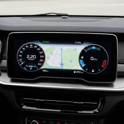 Modern Digital Car Dashboard: Touch Screen GPS & LED Indicators